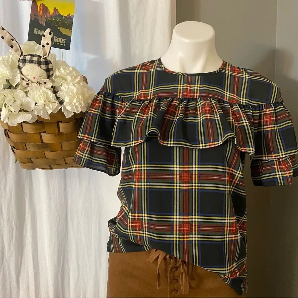 J. Crew Christmas Traditional Plaid Ruffle Blouse